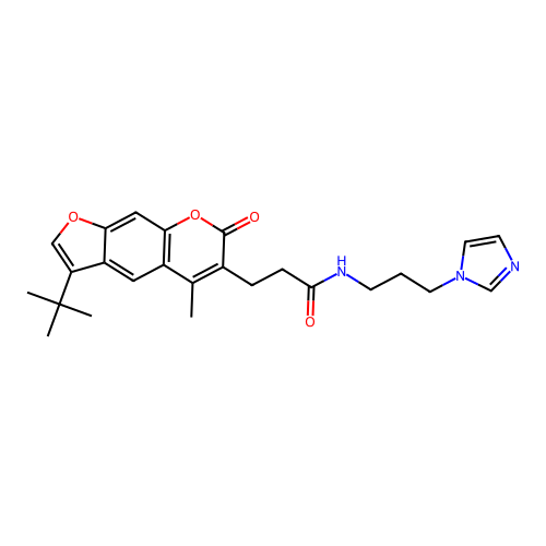 3-(3-tert-butyl-5-methyl-7-oxo-7H-furo[3,2-g]chromen-6-yl)-N-[3-(1H-imidazol-1-yl)propyl]propanamide structure