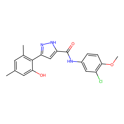 N-(3-chloro-4-methoxyphenyl)-3-(2-hydroxy-4,6-dimethylphenyl)-1H-pyrazole-5-carboxamide structure