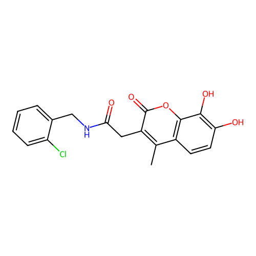 N-(2-chlorobenzyl)-2-(7,8-dihydroxy-4-methyl-2-oxo-2H-chromen-3-yl)acetamide structure