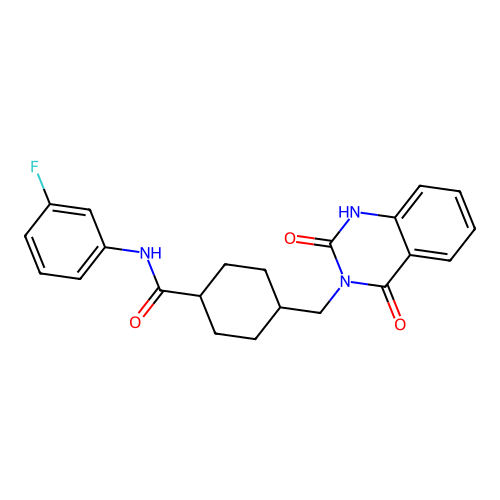 4-((2,4-dioxo-1,2-dihydroquinazolin-3(4H)-yl)methyl)-N-(3-fluorophenyl)cyclohexanecarboxamide structure
