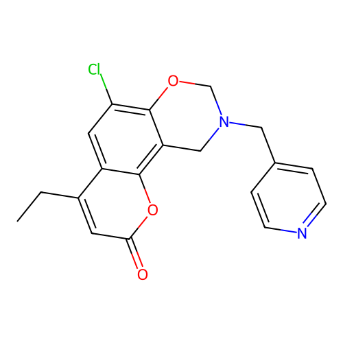 6-chloro-4-ethyl-9-(pyridin-4-ylmethyl)-8,10-dihydropyrano[2,3-f][1,3]benzoxazin-2-one structure