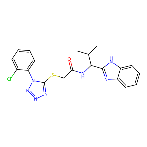 N-(1-(1H-benzo[d]imidazol-2-yl)-2-methylpropyl)-2-((1-(2-chlorophenyl)-1H-tetrazol-5-yl)thio)acetamide structure