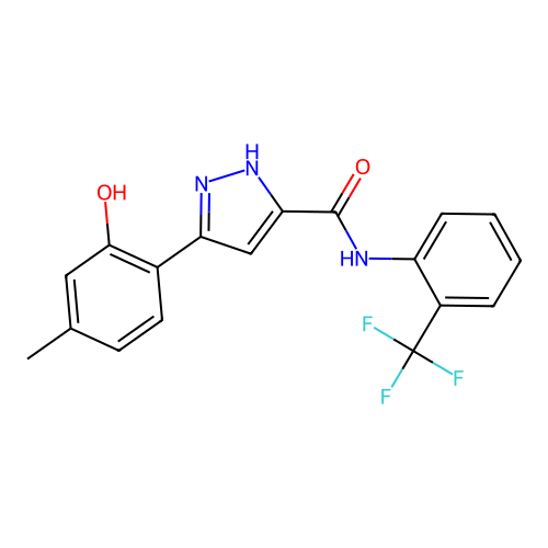 3-(2-hydroxy-4-methylphenyl)-N-[2-(trifluoromethyl)phenyl]-1H-pyrazole-5-carboxamide structure