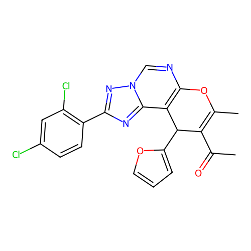 1-(2-(2,4-dichlorophenyl)-10-(furan-2-yl)-8-methyl-10H-pyrano[3,2-e][1,2,4]triazolo[1,5-c]pyrimidin-9-yl)ethanone structure