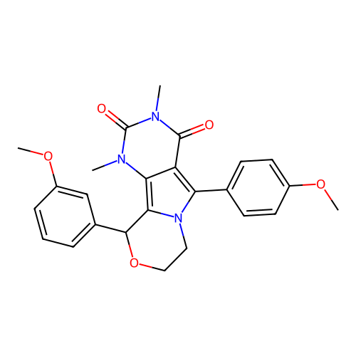 10-(3-methoxyphenyl)-5-(4-methoxyphenyl)-1,3-dimethyl-1,7,8,10-tetrahydro-2H-pyrimido[4',5':3,4]pyrrolo[2,1-c][1,4]oxazine-2,4(3H)-dione structure