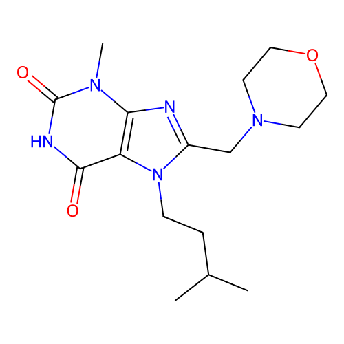 7-isopentyl-3-methyl-8-(morpholinomethyl)-1H-purine-2,6(3H,7H)-dione structure