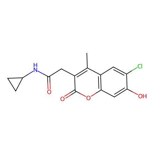 2-(6-chloro-7-hydroxy-4-methyl-2-oxo-2H-chromen-3-yl)-N-cyclopropylacetamide structure