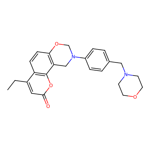 4-ethyl-9-(4-(morpholinomethyl)phenyl)-9,10-dihydrochromeno[8,7-e][1,3]oxazin-2(8H)-one structure