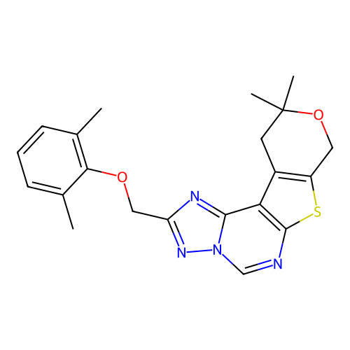 2-((2,6-dimethylphenoxy)methyl)-10,10-dimethyl-10,11-dihydro-8H-pyrano[4',3':4,5]thieno[3,2-e][1,2,4]triazolo[1,5-c]pyrimidine structure