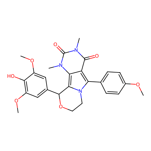 10-(4-hydroxy-3,5-dimethoxyphenyl)-5-(4-methoxyphenyl)-1,3-dimethyl-1,7,8,10-tetrahydro-2H-pyrimido[4',5':3,4]pyrrolo[2,1-c][1,4]oxazine-2,4(3H)-dione structure