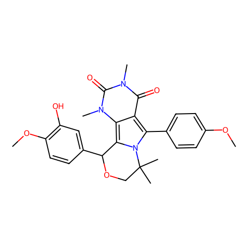 10-(3-hydroxy-4-methoxyphenyl)-5-(4-methoxyphenyl)-1,3,7,7-tetramethyl-1,7,8,10-tetrahydro-2H-pyrimido[4',5':3,4]pyrrolo[2,1-c][1,4]oxazine-2,4(3H)-dione structure