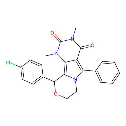 10-(4-chlorophenyl)-1,3-dimethyl-5-phenyl-1,7,8,10-tetrahydro-2H-pyrimido[4',5':3,4]pyrrolo[2,1-c][1,4]oxazine-2,4(3H)-dione structure