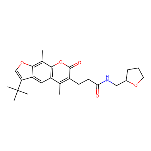 3-(3-(tert-butyl)-5,9-dimethyl-7-oxo-7H-furo[3,2-g]chromen-6-yl)-N-((tetrahydrofuran-2-yl)methyl)propanamide structure