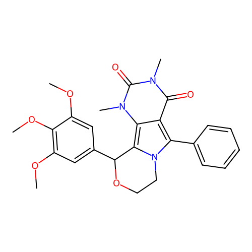1,3-dimethyl-5-phenyl-10-(3,4,5-trimethoxyphenyl)-1,7,8,10-tetrahydro-2H-pyrimido[4',5':3,4]pyrrolo[2,1-c][1,4]oxazine-2,4(3H)-dione structure