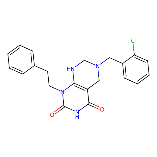 6-(2-chlorobenzyl)-1-phenethyl-5,6,7,8-tetrahydropyrimido[4,5-d]pyrimidine-2,4(1H,3H)-dione structure