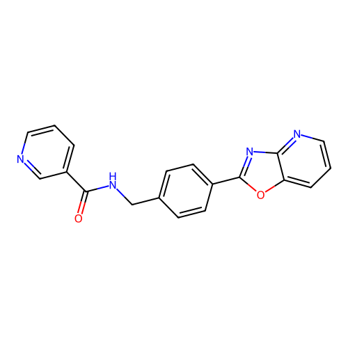 N-[[4-([1,3]oxazolo[4,5-b]pyridin-2-yl)phenyl]methyl]pyridine-3-carboxamide structure