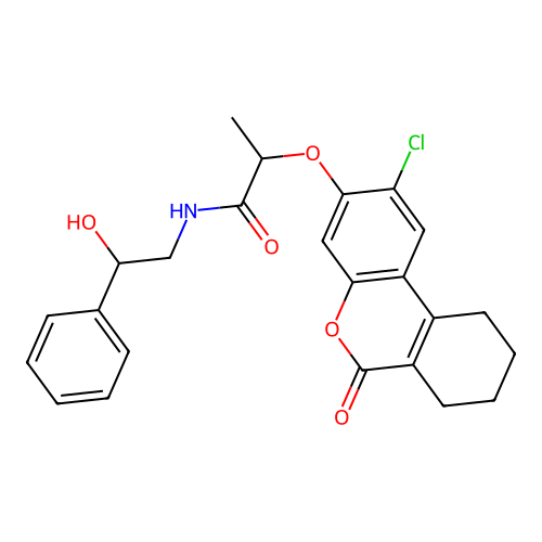 2-((2-chloro-6-oxo-7,8,9,10-tetrahydro-6H-benzo[c]chromen-3-yl)oxy)-N-(2-hydroxy-2-phenylethyl)propanamide structure
