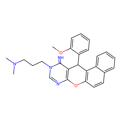 3-(11-imino-12-(2-methoxyphenyl)-11,12-dihydro-10H-benzo[5,6]chromeno[2,3-d]pyrimidin-10-yl)-N,N-dimethylpropan-1-amine structure