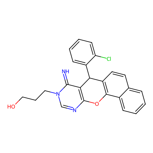 3-(7-(2-chlorophenyl)-8-imino-7H-benzo[7,8]chromeno[2,3-d]pyrimidin-9(8H)-yl)propan-1-ol structure