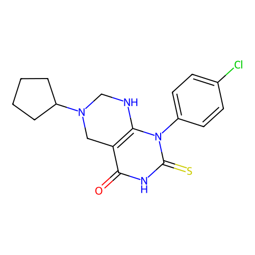 1-(4-chlorophenyl)-6-cyclopentyl-2-thioxo-2,3,5,6,7,8-hexahydropyrimido[4,5-d]pyrimidin-4(1H)-one structure