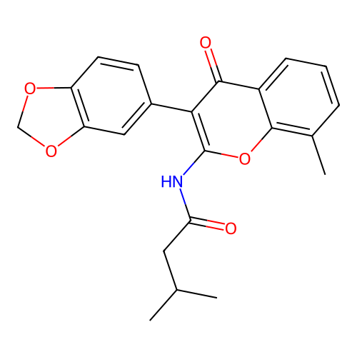 N-[3-(1,3-benzodioxol-5-yl)-8-methyl-4-oxochromen-2-yl]-3-methylbutanamide structure