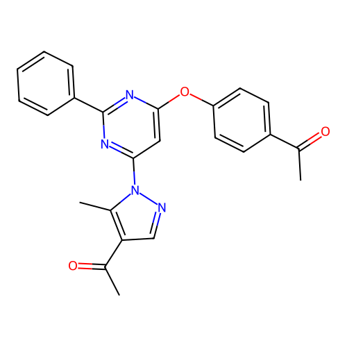 1-(4-((6-(4-acetyl-5-methyl-1H-pyrazol-1-yl)-2-phenylpyrimidin-4-yl)oxy)phenyl)ethanone structure