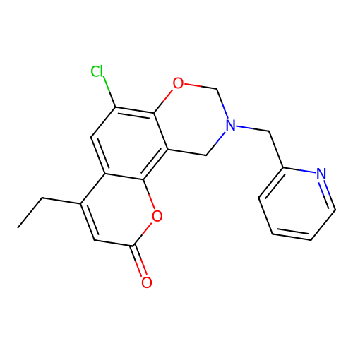 6-chloro-4-ethyl-9-(pyridin-2-ylmethyl)-8,10-dihydropyrano[2,3-f][1,3]benzoxazin-2-one structure