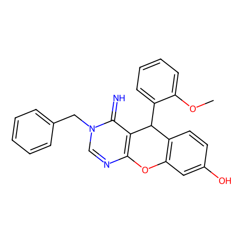 3-benzyl-4-imino-5-(2-methoxyphenyl)-5H-chromeno[2,3-d]pyrimidin-8-ol structure