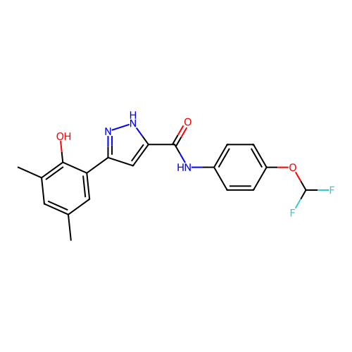 N-[4-(difluoromethoxy)phenyl]-3-(2-hydroxy-3,5-dimethylphenyl)-1H-pyrazole-5-carboxamide structure