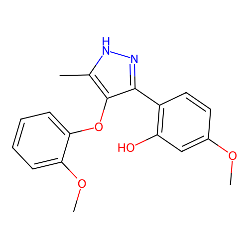 5-methoxy-2-(4-(2-methoxyphenoxy)-5-methyl-1H-pyrazol-3-yl)phenol structure