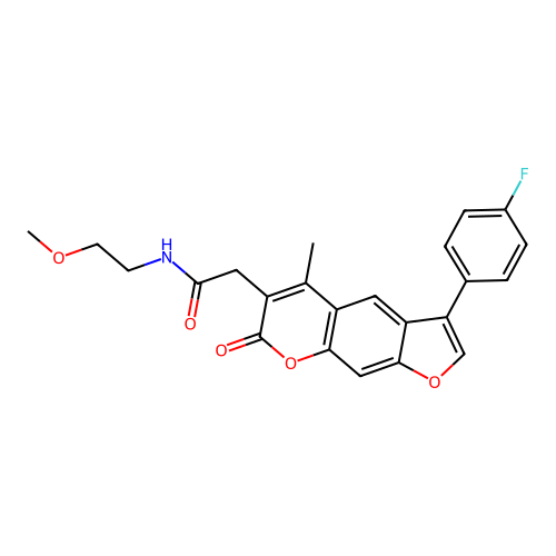 2-[3-(4-fluorophenyl)-5-methyl-7-oxofuro[3,2-g]chromen-6-yl]-N-(2-methoxyethyl)acetamide structure