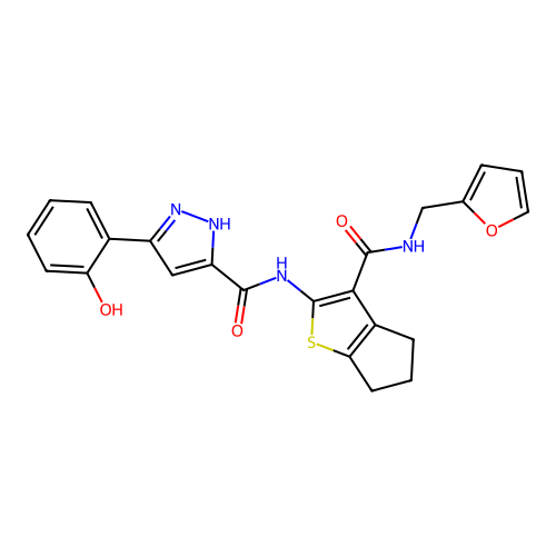 (5Z)-N-[3-(furan-2-ylmethylcarbamoyl)-5,6-dihydro-4H-cyclopenta[b]thiophen-2-yl]-5-(6-oxocyclohexa-2,4-dien-1-ylidene)-1,2-dihydropyrazole-3-carboxamide structure
