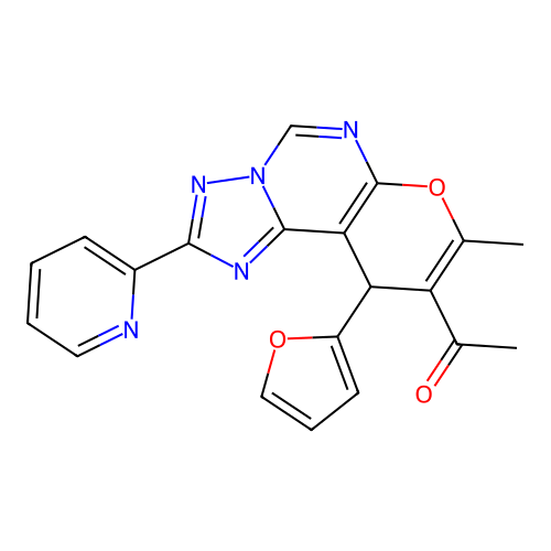 1-(10-(furan-2-yl)-8-methyl-2-(pyridin-2-yl)-10H-pyrano[3,2-e][1,2,4]triazolo[1,5-c]pyrimidin-9-yl)ethanone structure