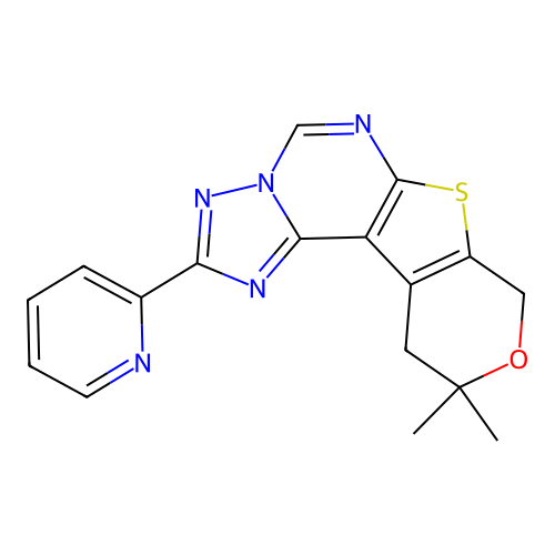 10,10-dimethyl-2-(pyridin-2-yl)-10,11-dihydro-8H-pyrano[4',3':4,5]thieno[3,2-e][1,2,4]triazolo[1,5-c]pyrimidine structure