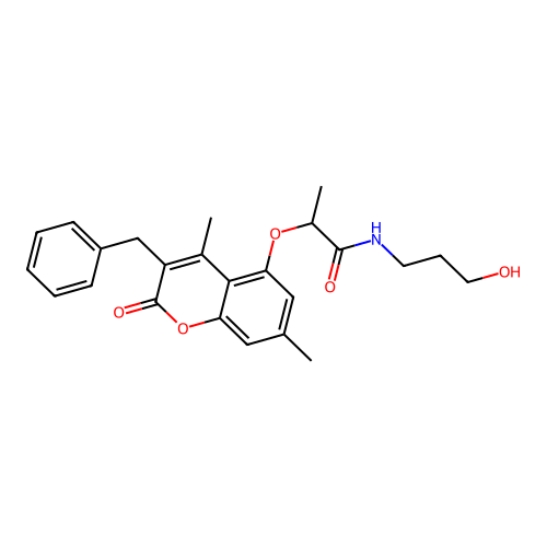 2-((3-benzyl-4,7-dimethyl-2-oxo-2H-chromen-5-yl)oxy)-N-(3-hydroxypropyl)propanamide structure