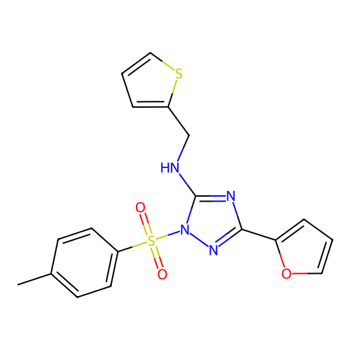 3-(furan-2-yl)-N-(thiophen-2-ylmethyl)-1-tosyl-1H-1,2,4-triazol-5-amine structure