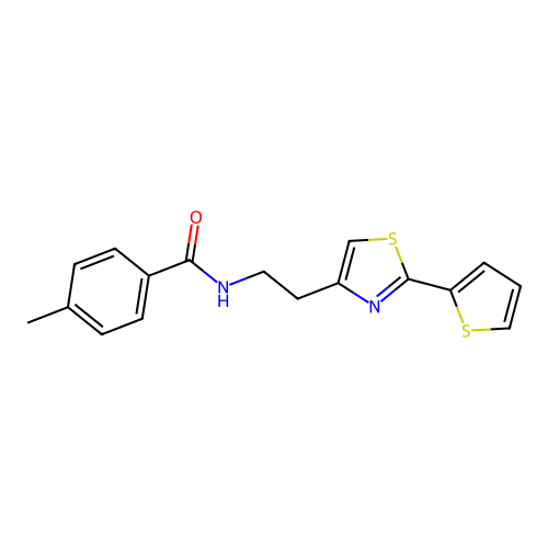 4-methyl-N-{2-[2-(thiophen-2-yl)-1,3-thiazol-4-yl]ethyl}benzamide structure