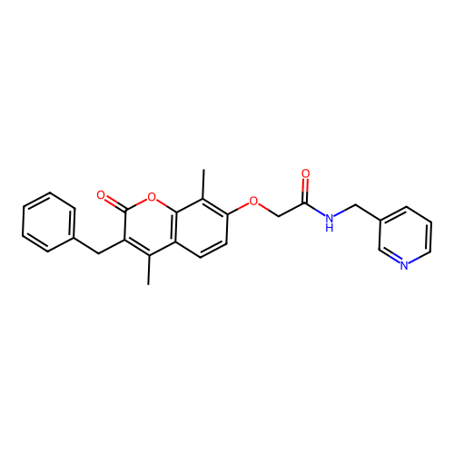 2-((3-benzyl-4,8-dimethyl-2-oxo-2H-chromen-7-yl)oxy)-N-(pyridin-3-ylmethyl)acetamide structure
