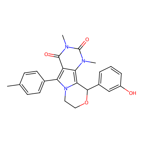 10-(3-hydroxyphenyl)-1,3-dimethyl-5-(4-methylphenyl)-1,7,8,10-tetrahydro-2H-pyrimido[4',5':3,4]pyrrolo[2,1-c][1,4]oxazine-2,4(3H)-dione structure