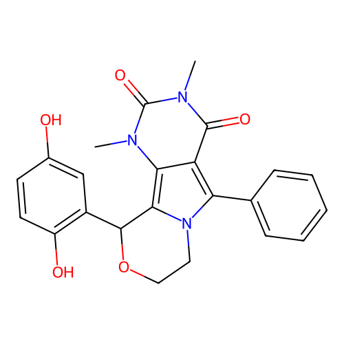 10-(2,5-dihydroxyphenyl)-1,3-dimethyl-5-phenyl-1,7,8,10-tetrahydro-2H-pyrimido[4',5':3,4]pyrrolo[2,1-c][1,4]oxazine-2,4(3H)-dione structure