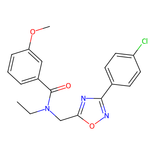 N-[[3-(4-chlorophenyl)-1,2,4-oxadiazol-5-yl]methyl]-N-ethyl-3-methoxybenzamide structure