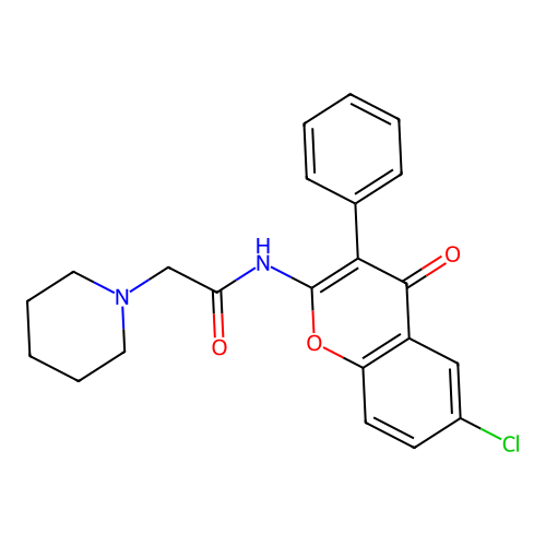 N-(6-chloro-4-oxo-3-phenyl-4H-chromen-2-yl)-2-(piperidin-1-yl)acetamide structure