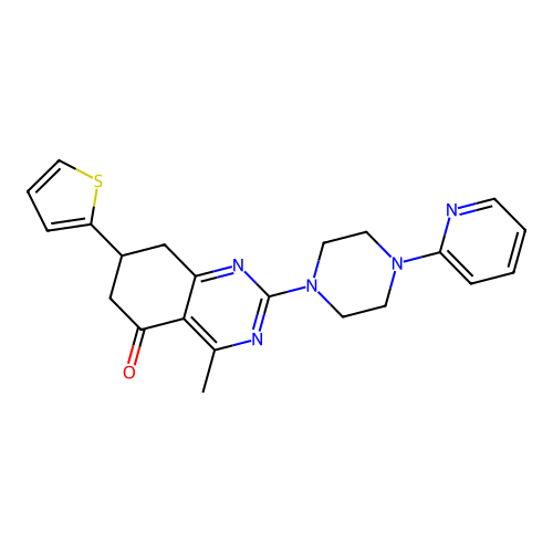 4-methyl-2-[4-(pyridin-2-yl)piperazin-1-yl]-7-(thiophen-2-yl)-7,8-dihydroquinazolin-5(6H)-one structure