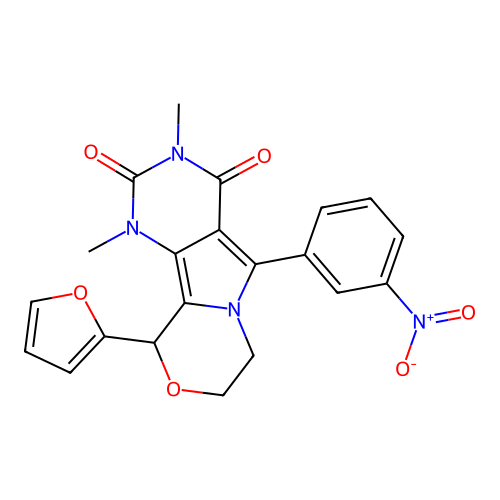 10-(furan-2-yl)-1,3-dimethyl-5-(3-nitrophenyl)-1,7,8,10-tetrahydro-2H-pyrimido[4',5':3,4]pyrrolo[2,1-c][1,4]oxazine-2,4(3H)-dione structure