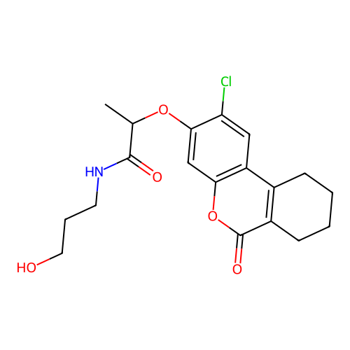 2-((2-chloro-6-oxo-7,8,9,10-tetrahydro-6H-benzo[c]chromen-3-yl)oxy)-N-(3-hydroxypropyl)propanamide structure