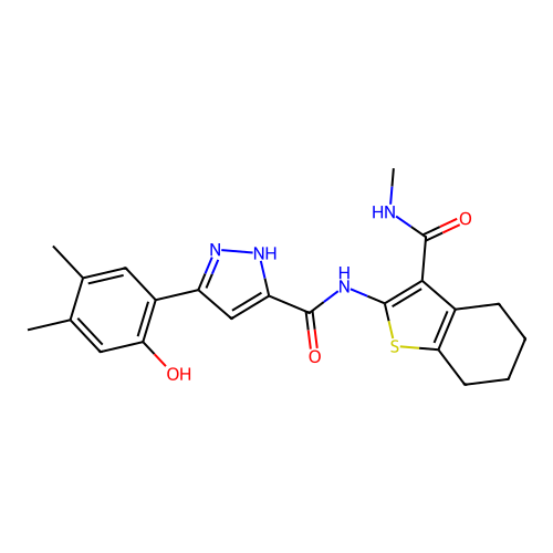 3-(2-hydroxy-4,5-dimethylphenyl)-N-[3-(methylcarbamoyl)-4,5,6,7-tetrahydro-1-benzothiophen-2-yl]-1H-pyrazole-5-carboxamide structure