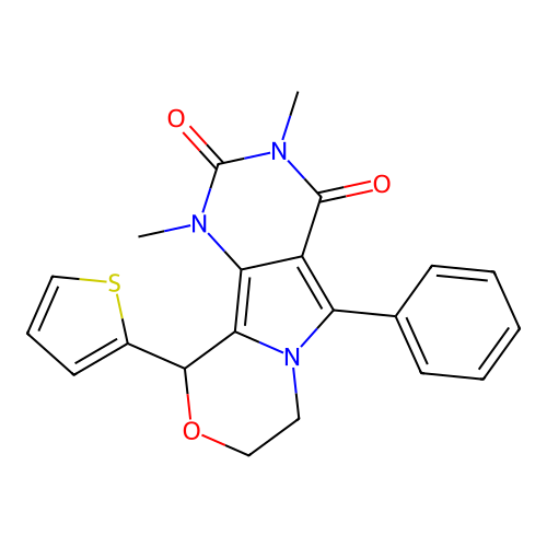 1,3-dimethyl-5-phenyl-10-(thiophen-2-yl)-1,7,8,10-tetrahydro-2H-pyrimido[4',5':3,4]pyrrolo[2,1-c][1,4]oxazine-2,4(3H)-dione structure