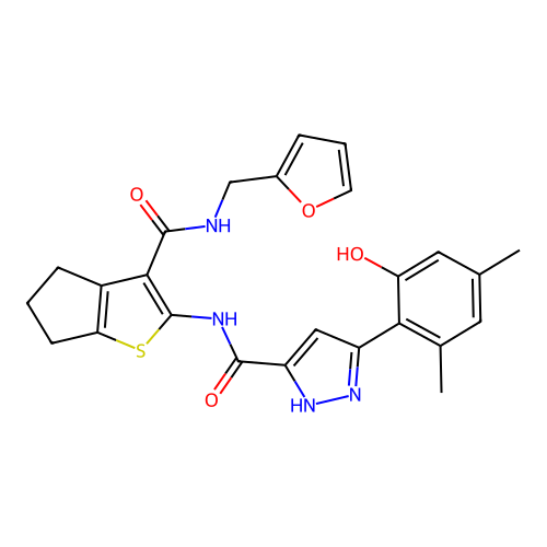 N-{3-[(furan-2-ylmethyl)carbamoyl]-5,6-dihydro-4H-cyclopenta[b]thiophen-2-yl}-3-(2-hydroxy-4,6-dimethylphenyl)-1H-pyrazole-5-carboxamide structure