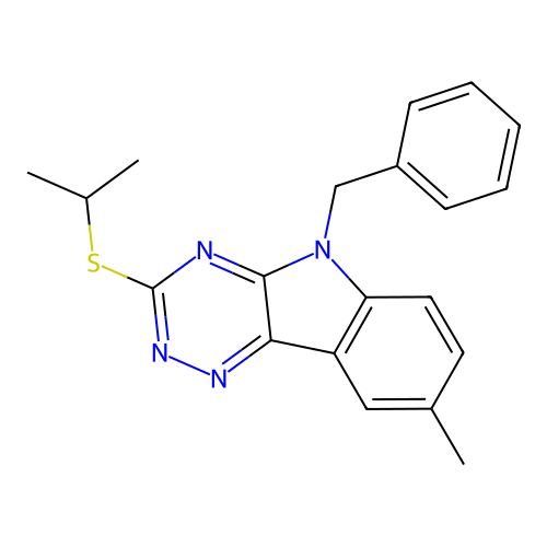 5-benzyl-8-methyl-3-(propan-2-ylsulfanyl)-5H-[1,2,4]triazino[5,6-b]indole structure