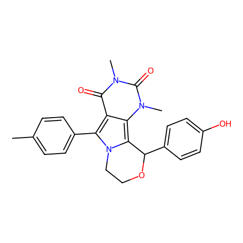 10-(4-hydroxyphenyl)-1,3-dimethyl-5-(4-methylphenyl)-1,7,8,10-tetrahydro-2H-pyrimido[4',5':3,4]pyrrolo[2,1-c][1,4]oxazine-2,4(3H)-dione structure